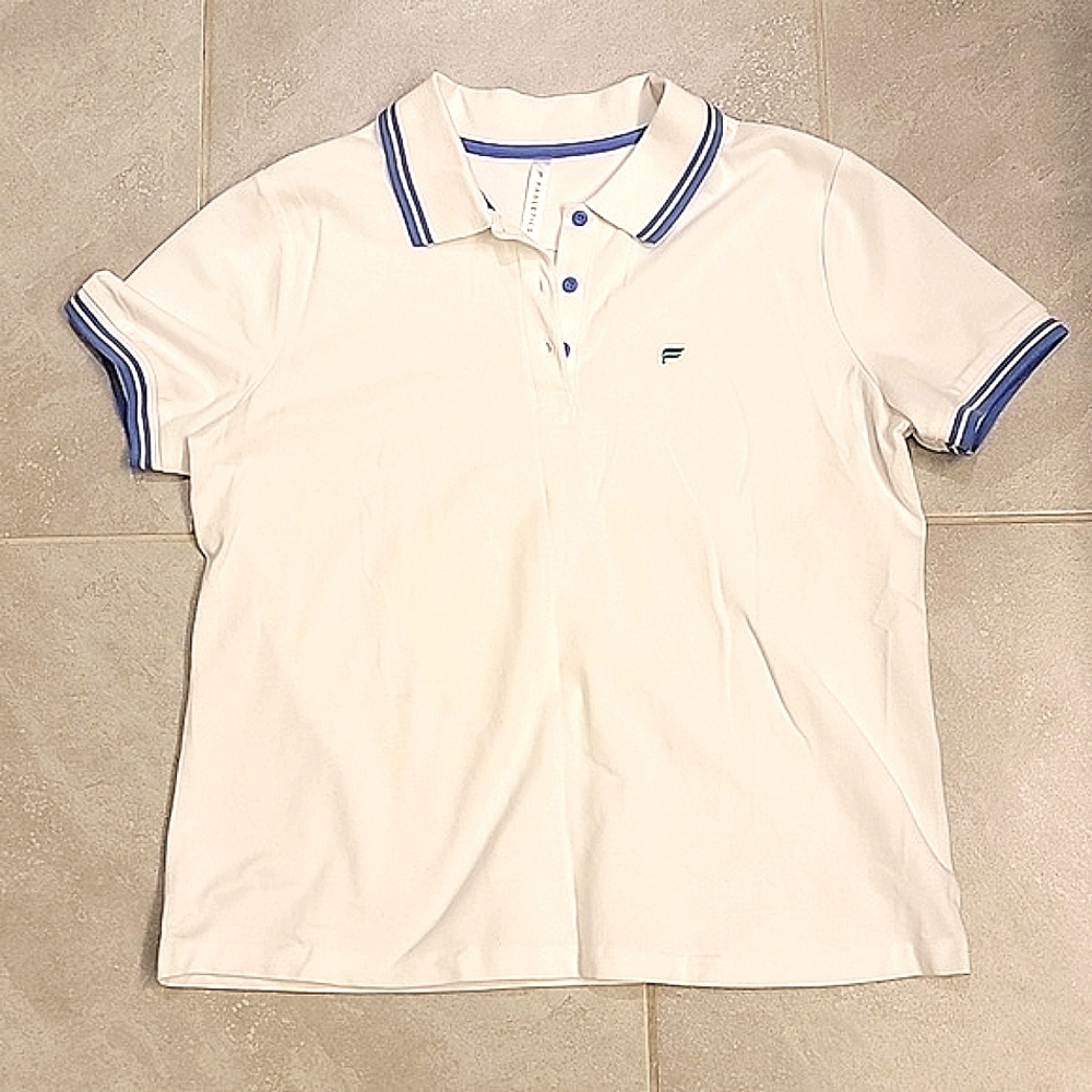 Fabletics Women's ShortSleeved Collar Shirt. XL. White with periwinkle trim.